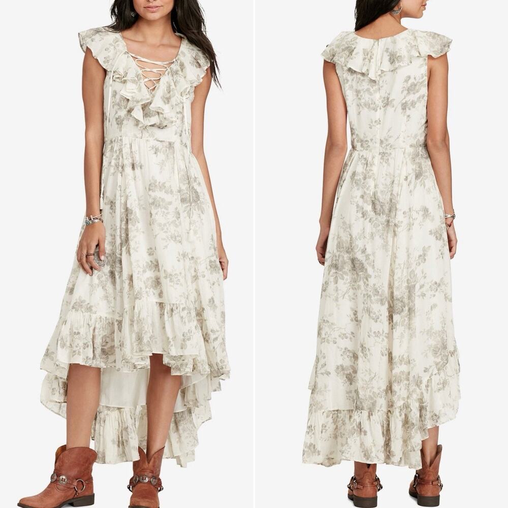 Denim & Supply Ralph Lauren Dress Large Floral Cotton Hi Low Ruffle Cottage Maxi - Picture 11 of 11